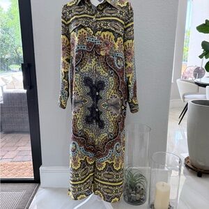 Zara Long Sleeve Paisley Shirt Dress in Yellow, Brown and Blue